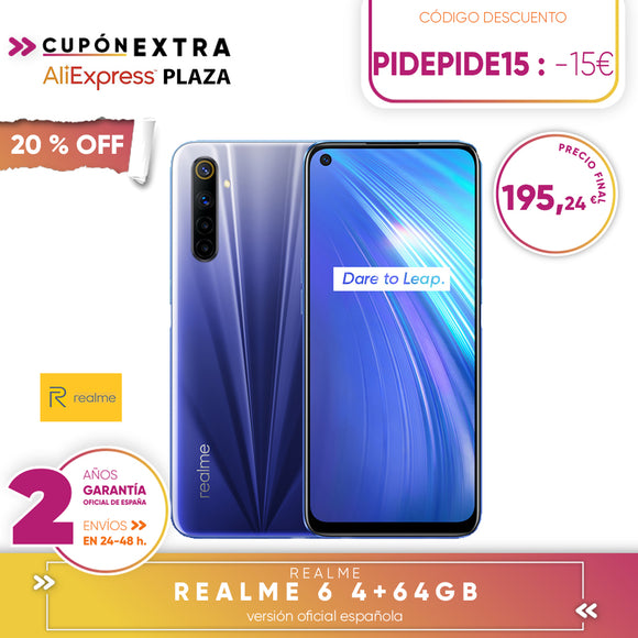 [Official Spanish version warranty] Realme 6 4 + 64gb, 4 + 128gb, 8 + 128gb Smartphone Octa Core, Four camaras, reader side paw prints