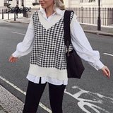 Simplee Women geometric khaki knitted sweater women casual Houndstooth lady pullover sweater female Autumn winter retro jumper